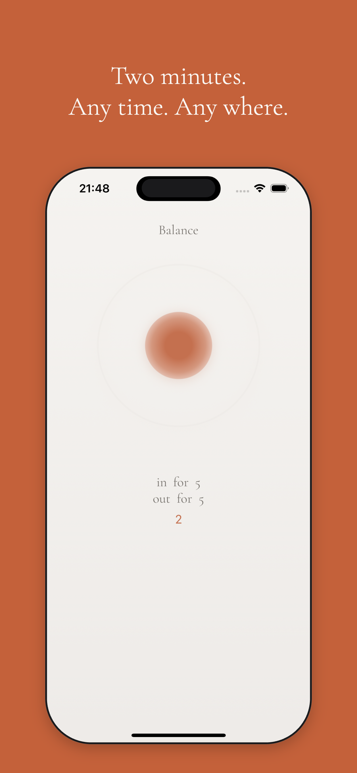 Tomu on iPhone: a breathing session in progress. Tagline: Two minutes. Any time. Any where.