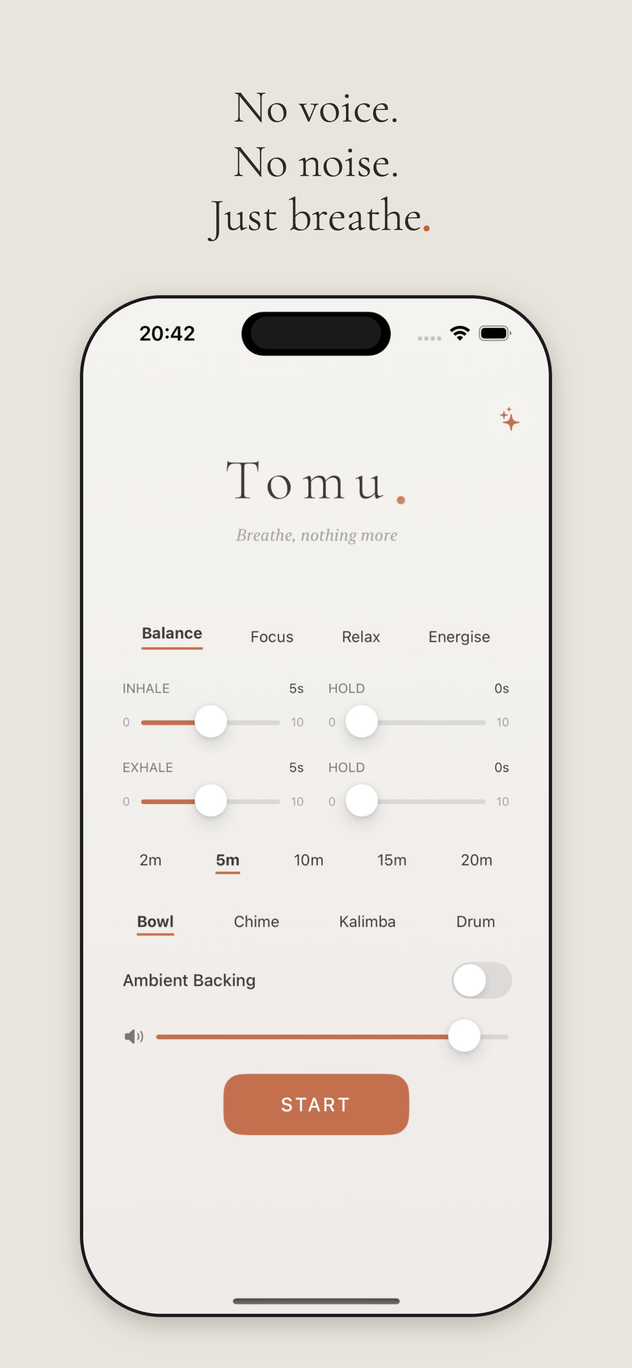 Tomu on iPhone: customise presets, duration, and sounds. Tagline: No voice. No noise. Just breathe.